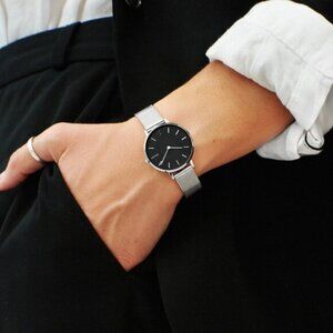 NEW TCK Women's SR626 Silver Mesh Chain Black Face Dial Watch